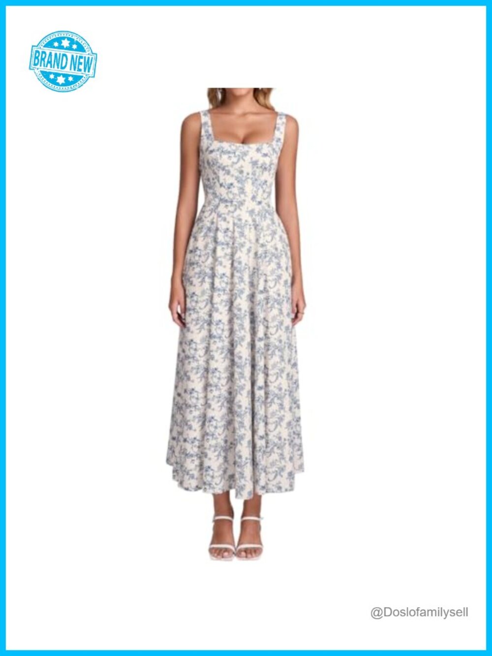 Flowy Floral Midi Dress Square Neck Lace Up Back Corset Summer Wedding Guest